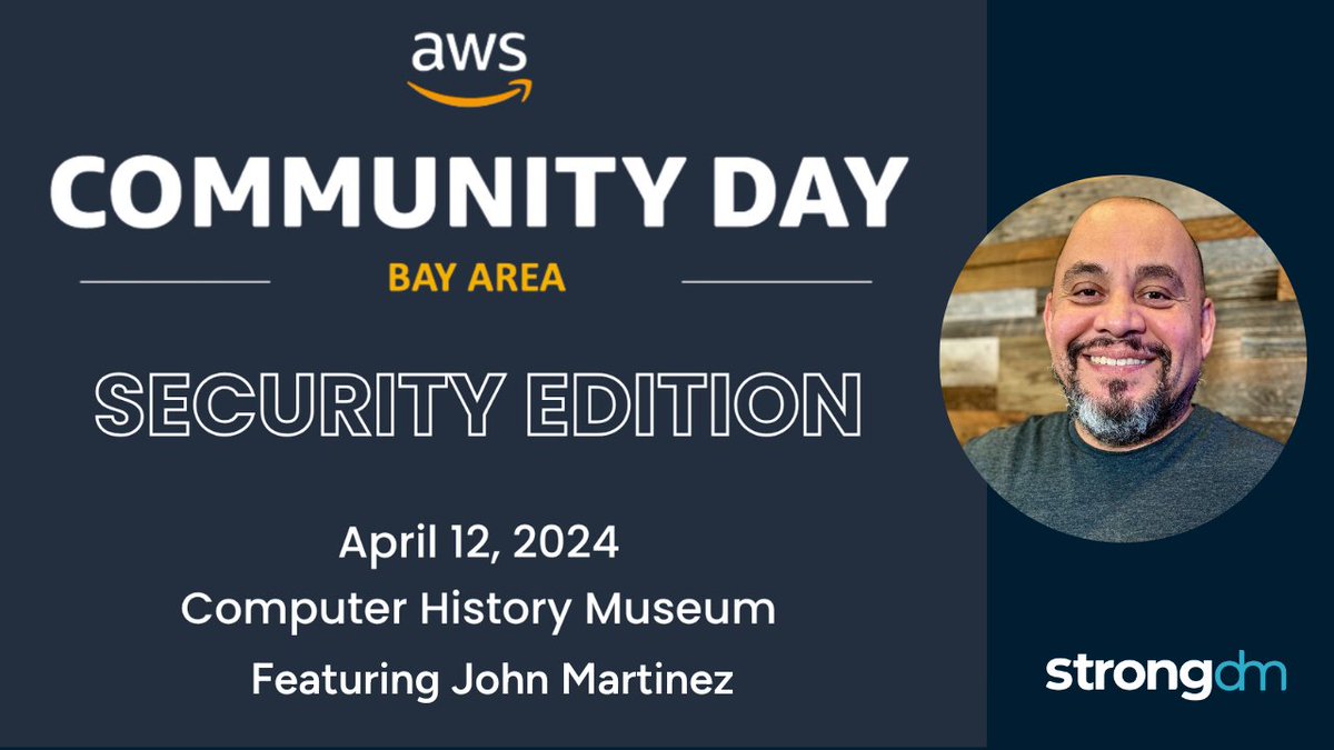John Martinez is an AWS Community Day 2024 - Security Edition panelist! 🌉 The event is free! Network and listen to John's talk about real-world authorization. April 12, 2024 Computer History Museum in SF 2 - 2:25 PM PT Register: bit.ly/3J90FLs #AWS #security