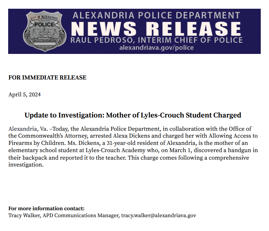 Update to Investigation: The mother of the Lyles-Crouch student was charged and arrested today.