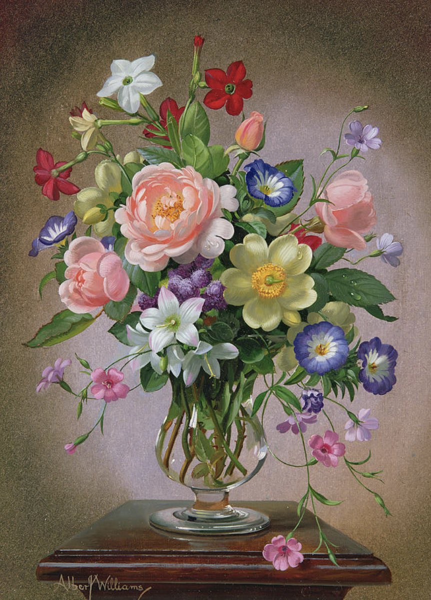 “Roses, Peonies and Freesias in a glass vase’ 🧡🌸 🎨 © Albert Williams