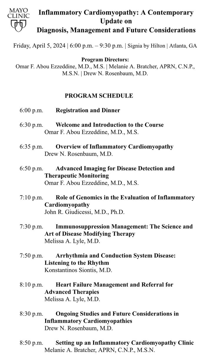 🚨Happening Soon!!🚨 If you’re in ATL for #ACC24 come join us for a fun night of food, friendship, and facts about #inflammatory cardiomyopathy!! Starts at 6:00 pm at @signiahilton! ⭐️⭐️@abouezzeddine @JohnGiudicessi @konsiont @MayoClinicCV @MayoTransplant @PanithayaC