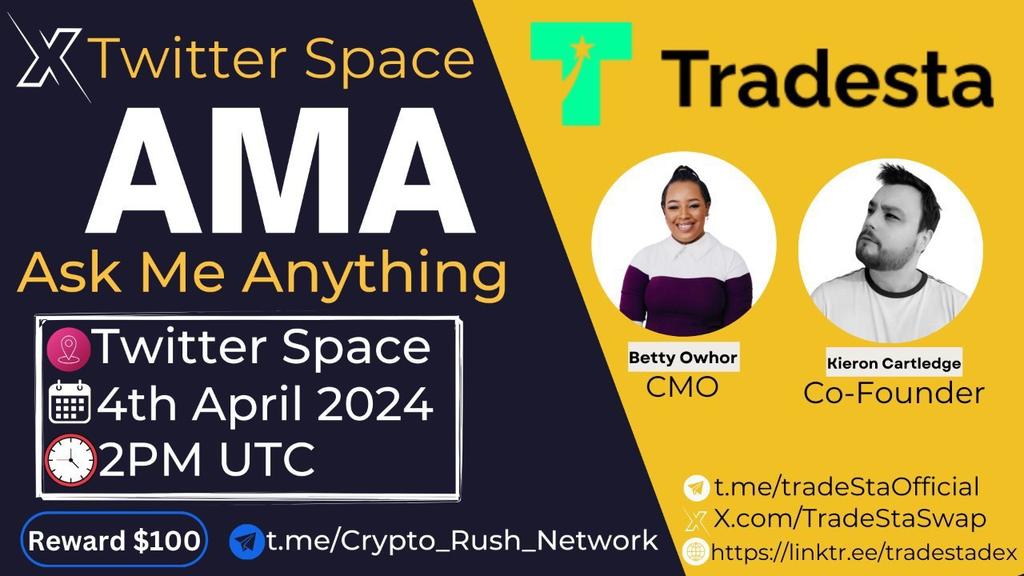 Crypto Rush -Team X TradeSta.io  #TwitterSpace AMA

⏰ Time: 4 April, 2 :00 PM (UTC)
🎁 Reward : 100 $USDT
📍 Space: x.com/i/spaces/1vOxw

🔷Follow @CryptoRUSH_X & @TradeStaSwap
🔷Rules : 
🔷Comment Questions & Tag 5
Friends and send bep20
#AMAs #Web3 #Giveaway