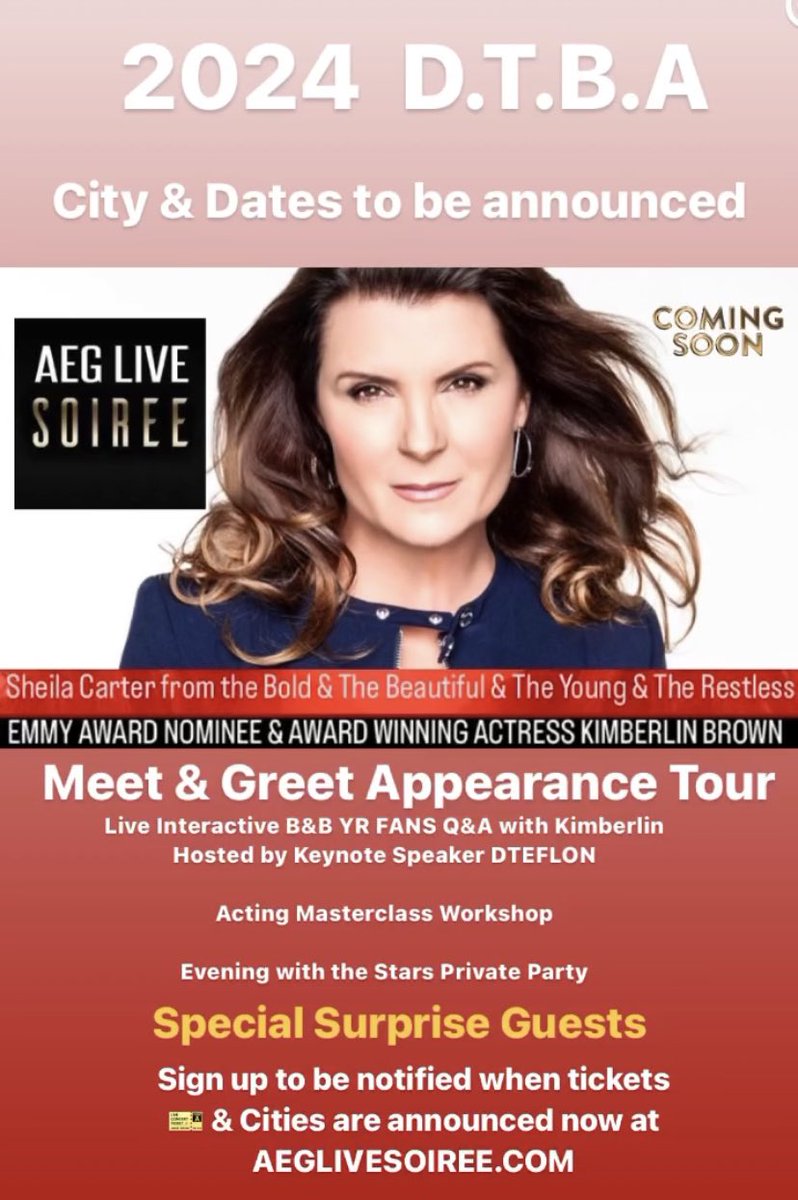AEGLiveSoiree's tweet image. Coming to Toronto &amp;amp; Hamilton Ontario Canada🇨🇦 &amp;amp; usa cities T.B.A🇺🇸 on her appearance tour Meet #KimberlinBrown Tickets/info visit aeglivesoiree.com  tickets@aeglivesoiree.com #BoldandtheBeautiful #YoungandtheRestless #AEGLiveSoiree #SoapSoiree #YRLive #BBLive #SheilaCarter