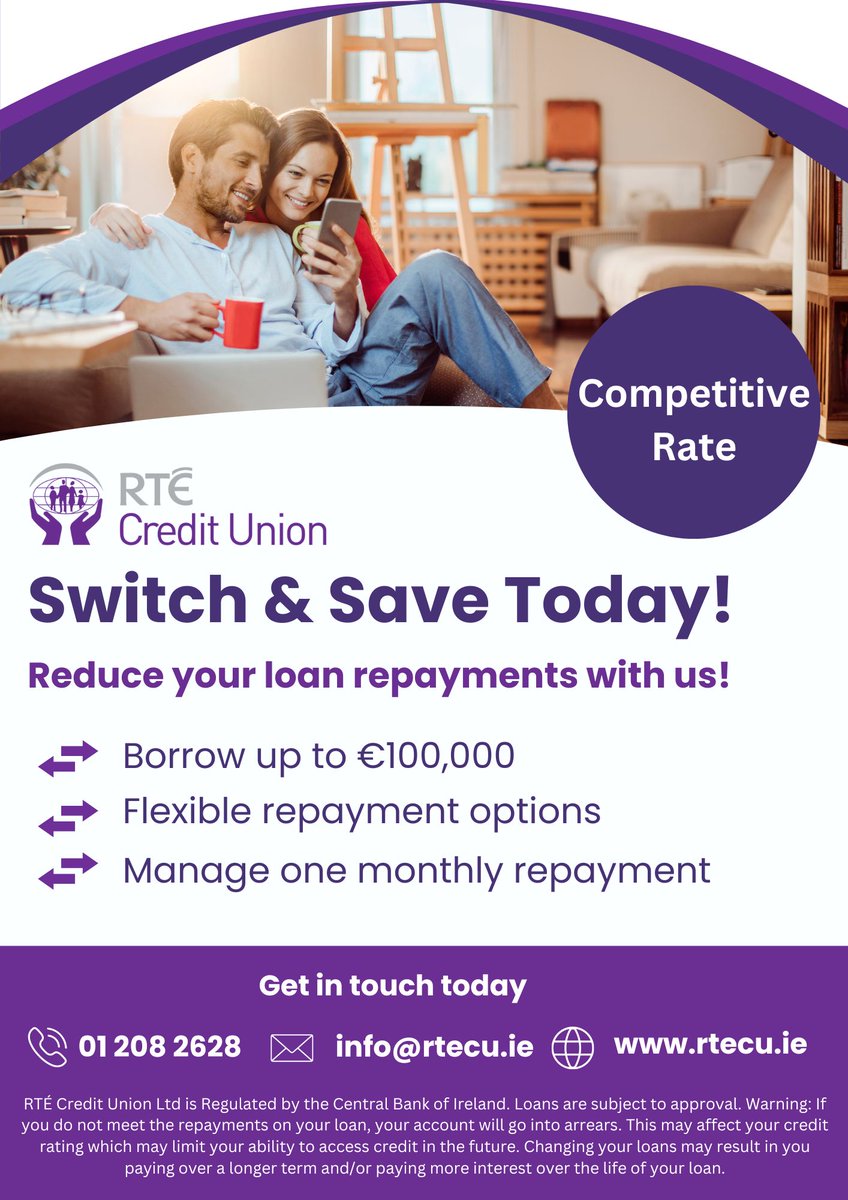 RTE_CU's tweet photo. Switch &amp; Save Today!

Reduce your loan repayments with RTÉ Credit Union.

☑️ Borrow up to €100,000
☑️ Flexible repayment options
☑️ Manage one monthly repayment

Apply today: https://t.co/e5ireMACFt

#RTECU #Switch #Save https://t.co/7NRbDLjQHr