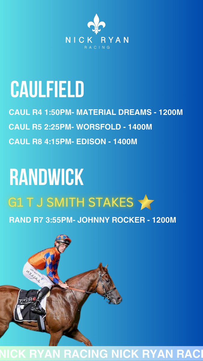 Randwick & Caulfield runners today 🏇🏻 Good luck to connections 👍🏻 #rockitjohnny