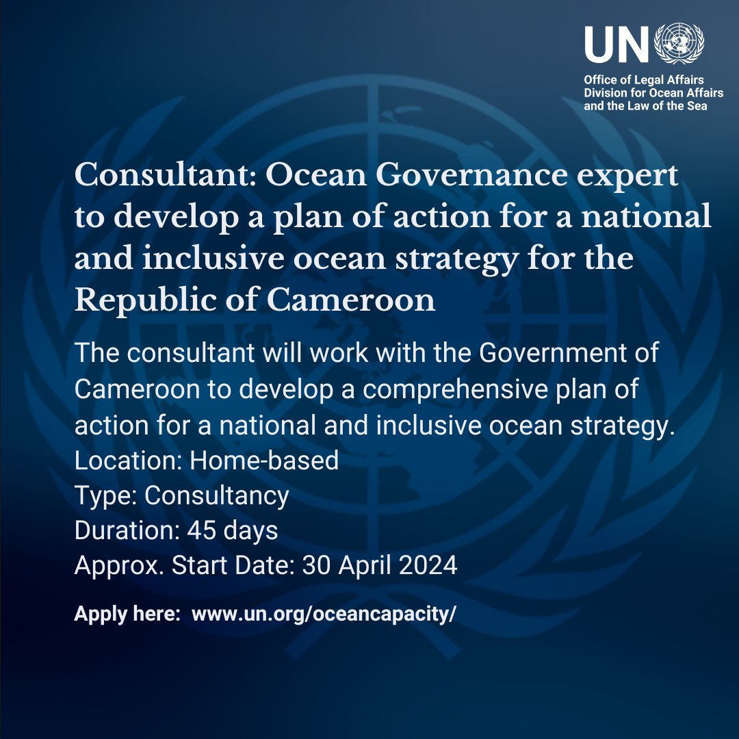 We are hiring an Ocean Governance expert to develop a plan of action for a national and inclusive ocean strategy for the Republic of #Cameroon . ‌ Application deadline: 15 April 2024. ‌ For more details, including the ToRs & application instructions, visit un.org/oceancapacity/