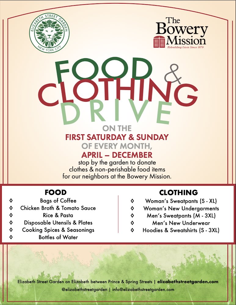 If you have extra clothing and non-perishable goods, stop by Elizabeth Street Garden for our monthly @BoweryMission food & clothing drive. First Sat & Sun of every month. April - Dec. @ElizabethStGrdn