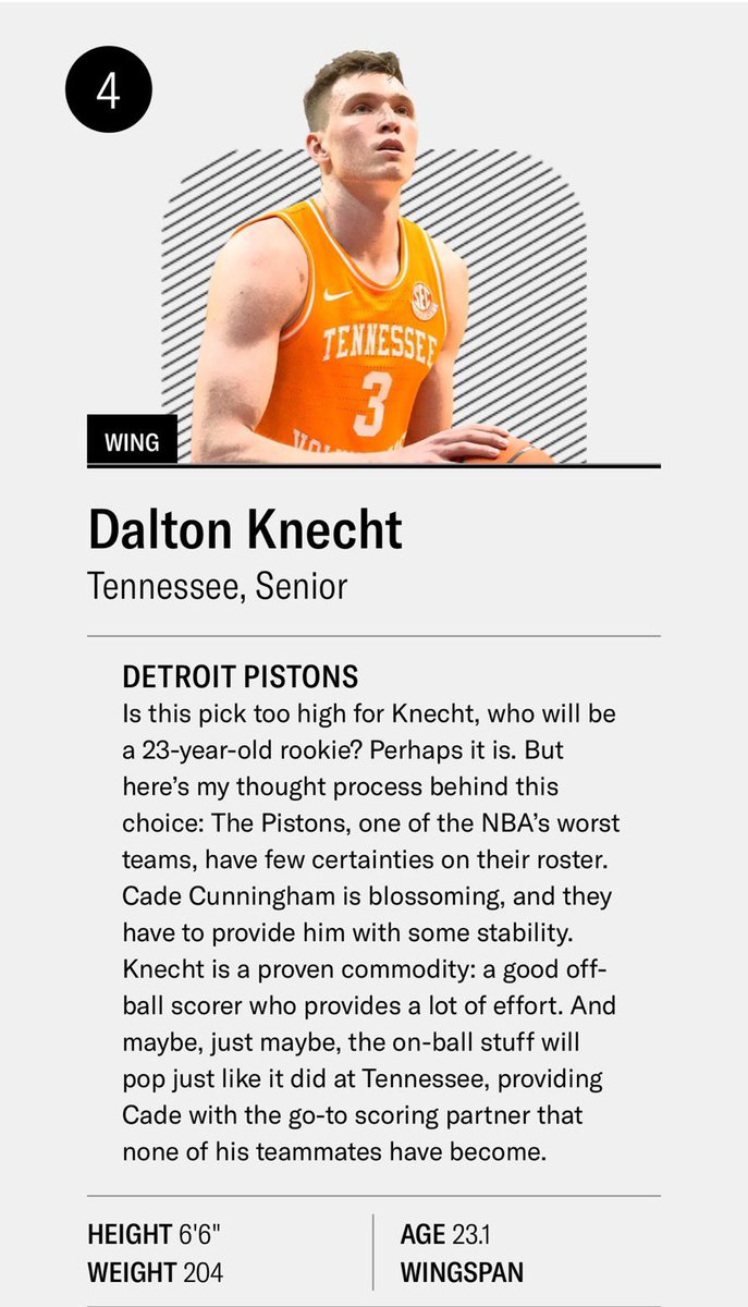Tennessee’s Dalton Knecht is being listed as a top 5 NBA Draft Pick by @KevinOConnorNBA 👀