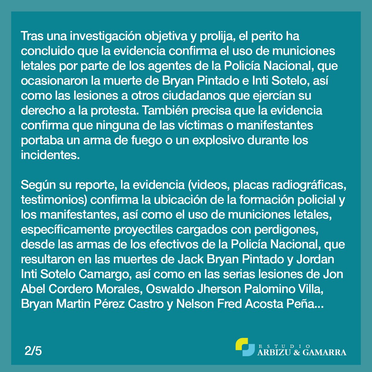 #URGENTE El estudio Arbizu & Gamarra, defensa de una de las víctimas mortales y heridos de las protestas de noviembre de 2020, compartió el resultado del peritaje balístico del caso: se confirma el uso de municiones letales contra los manifestantes por parte de la PNP. #14N 🧵