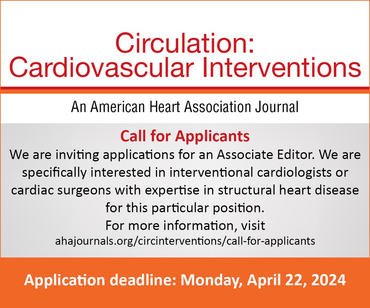 Does attending #ACC24 give you time to reflect on your ambitions? Circulation: Cardiovascular Interventions is accepting applications for an Associate Editor under the leadership of EIC @SVRaoMD ahajournals.org/circinterventi… #AHAJournal #Cardiotwitter #MedEd
