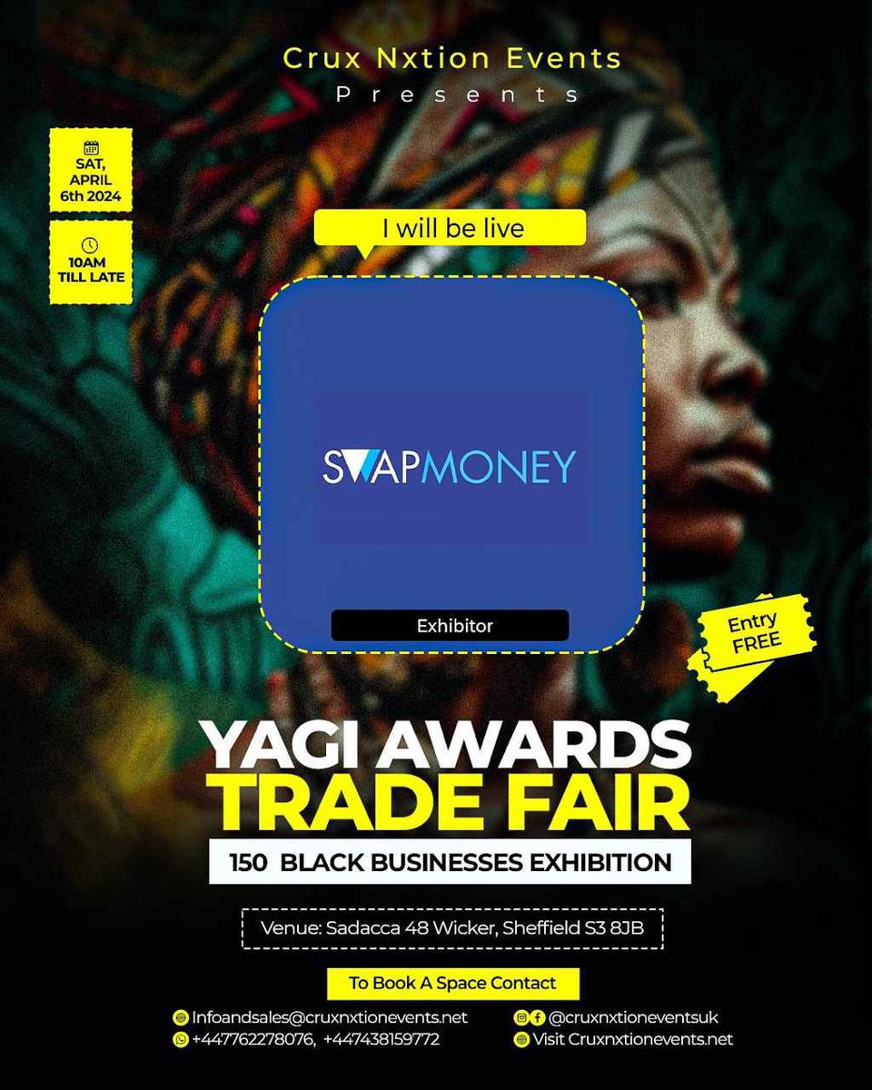 Join @SwapMoneyUK tomorrow April 6th 2024.

Visit their stand at the 150 Black Businesses Exhibition to see how they have simplified, accelerated, and strengthened the security of international money transfers.