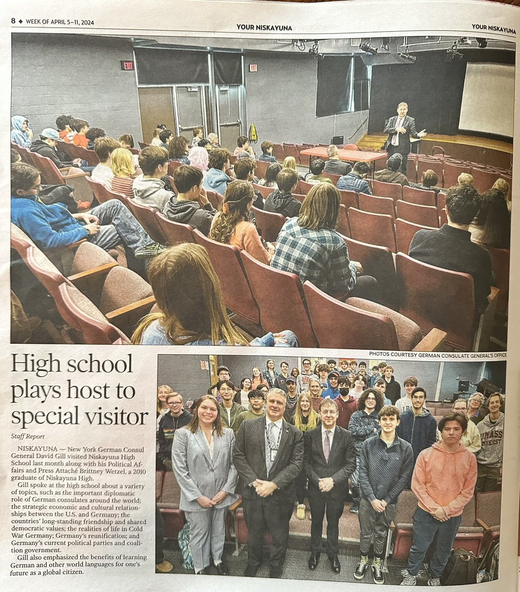 Nice to see our German Program event featuring Consul General David Gill & German Program alumna Brittney Wetzel from @GermanyNY in this week’s @YourNiskayuna! We were honored to welcome CG Gill to speak w/our German students & guests -it was a wonderful opportunity for students!