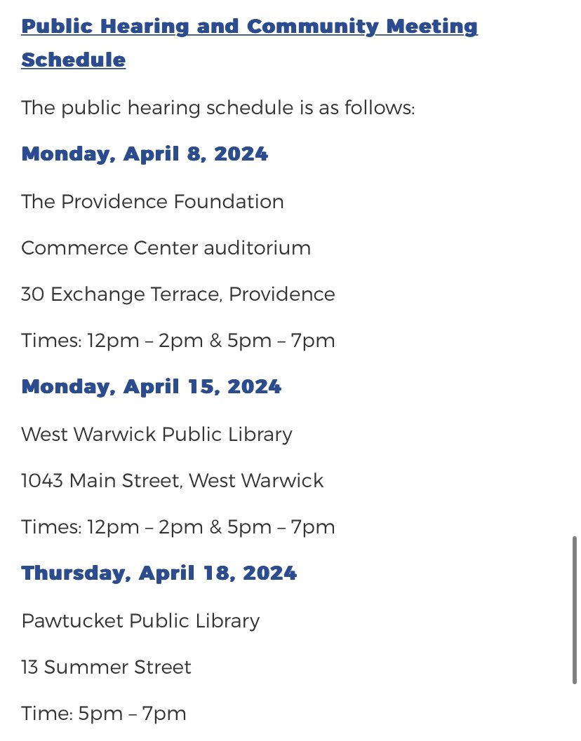 **PAWTUCKET MEETING ADDED**

🗓️Thursday, April 18, 2024
📍Pawtucket Public Library
13 Summer Street
⏰Time: 5pm – 7pm