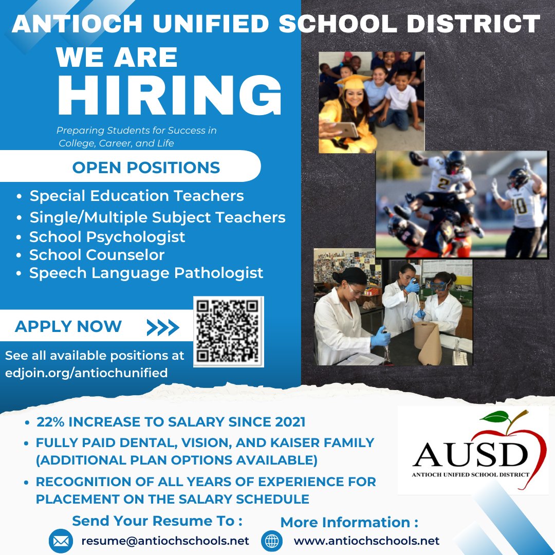 The Antioch Unified School District is hiring! shorturl.at/nzH28 -AUSD provides full medical, dental and vision coverage to all employees. -AUSD raised all salaries by 21% over the last few years. -AUSD provides salary credit for all years of public-school experience.