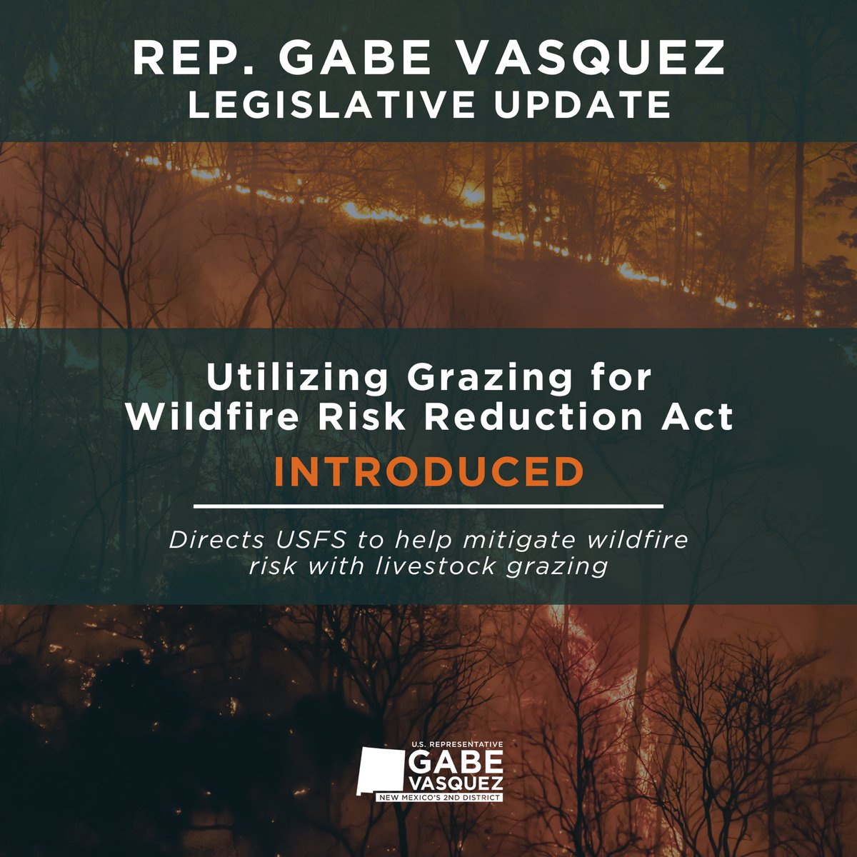 As New Mexicans, we understand how catastrophic wildfires can be. That's why I'm focused on proactive measures to keep our communities safe. My new bipartisan bill, the Utilizing Grazing for Wildfire Risk Reduction Act directs the U.S. Forest Service to use all the tools in its