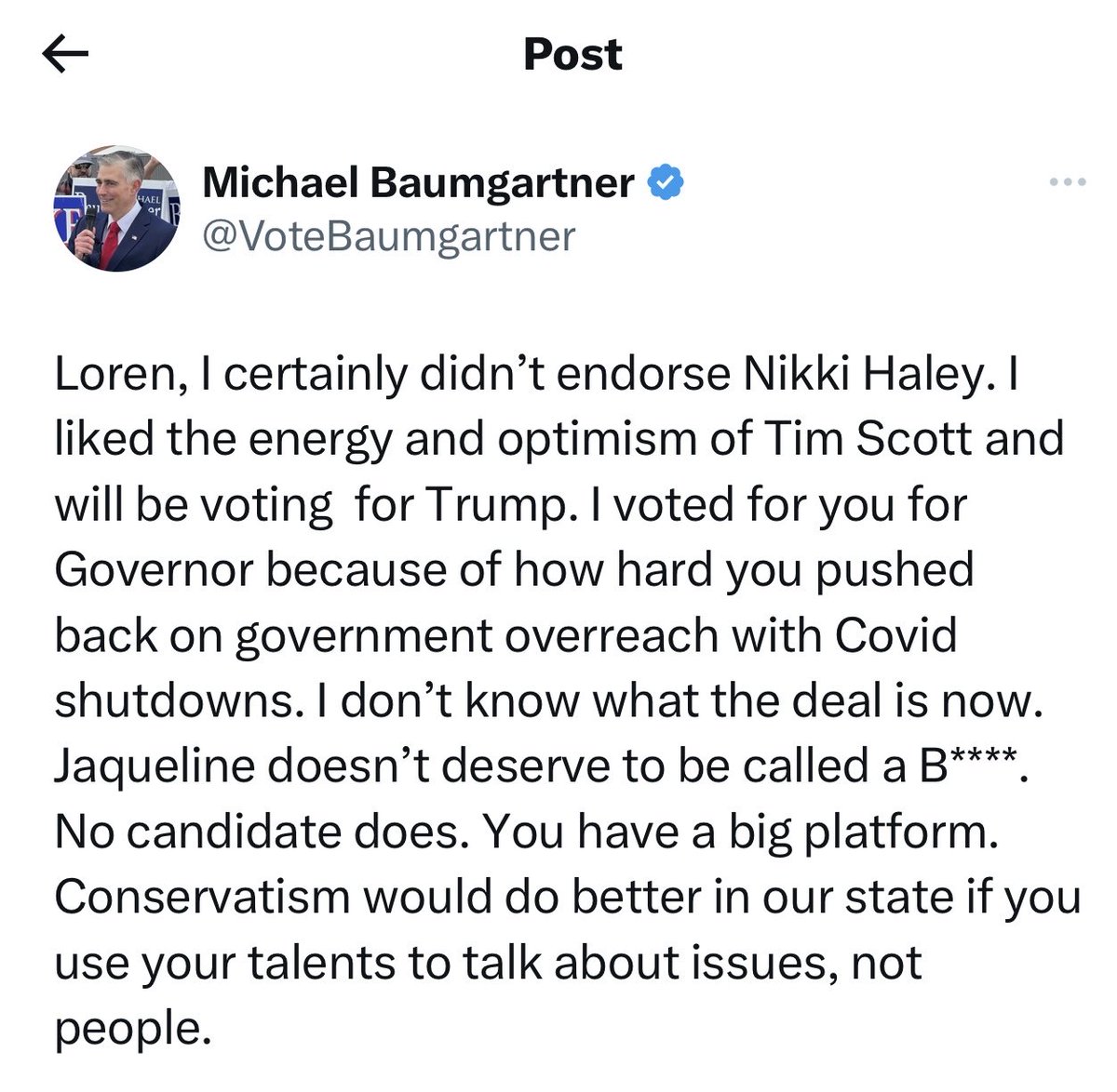 Good hearing from ⁦@VoteBaumgartner⁩ and seeing that he denounced ⁦@LorenCulp⁩ for his comments towards ⁦@JacquelinMaycum⁩. Still waiting to hear from ⁦@votebriandansel⁩. Do the right thing Brian. The GOP should denounce Culp and give him the boot.