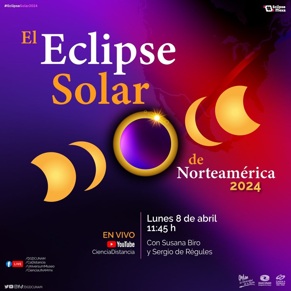 Sigue la transmisión en vivo Contará con los comentarios de la astrónoma Susana Biro y el divulgador Sergio de Régules. Tendremos conexiones a las ciudades de Mazatlán, Durango y Torreón durante el proceso del eclipse. Más info sobre el #EclipseMéxico2024 bit.ly/3vb3ZCt