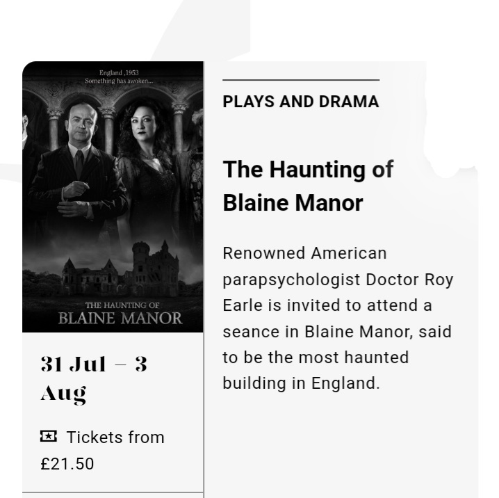 #TheHauntingofBlaineManor 
SUMMER DATES 2024! 👻💀
27th-29th June @DarlingtonHipp 

6th July @decotheatre Northampton

18th/19th July @theatresevern 
Shrewsbury

31st July - 3rd August @Grand_Theatre Blackpool

A summer of FRIGHT! 💀
@WhatsOnStage @theatrenetwork_ @TheStage