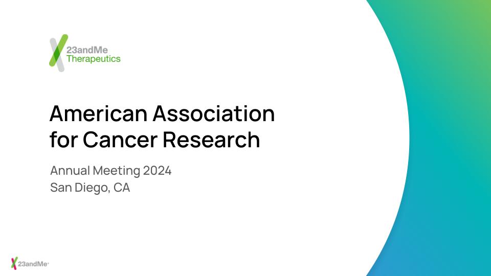 23andMeResearch's tweet image. We're heading to San Diego for the American Association for Cancer Research Annual Meeting to connect and share updates from the @23andMe Therapeutics team. Hope to see you there! More details: 23and.me/4aksIDV #AACR24