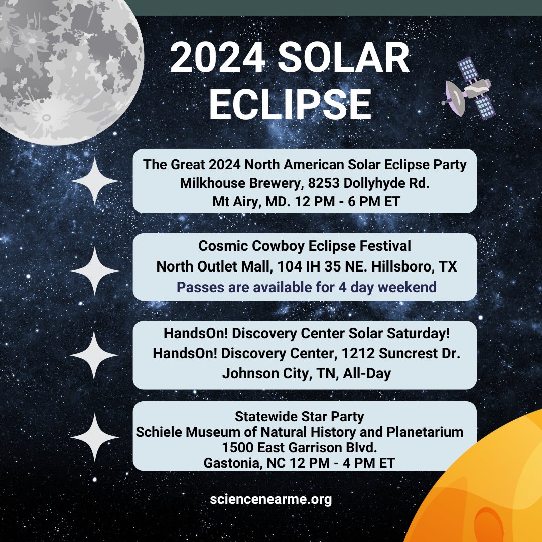 Haven't solidified your plans to view the solar eclipse? Here are some opportunities to observe and learn about the 2024 solar eclipse on Monday, April 8. #SolarEclipse #2024TotalEclipse #Eclipse2024 #ScienceNearMe #Astronomy #NASA #EarthDay