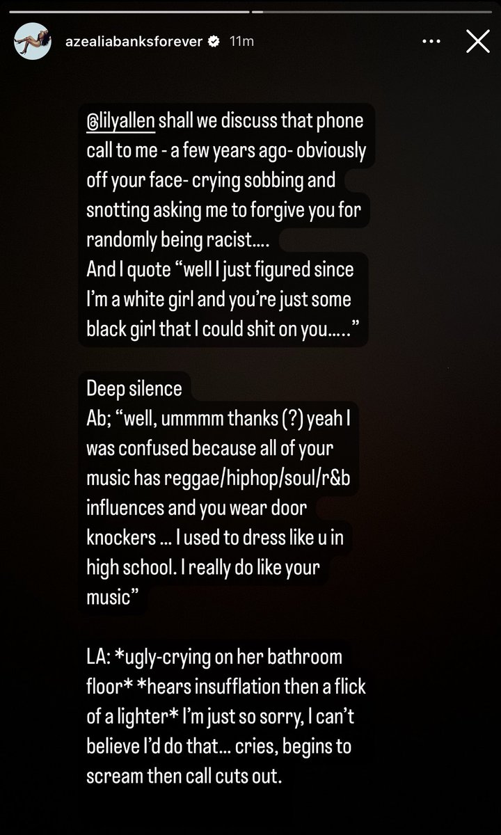 Azealia Banks shares a message to Lily Allen, via Instagram Stories