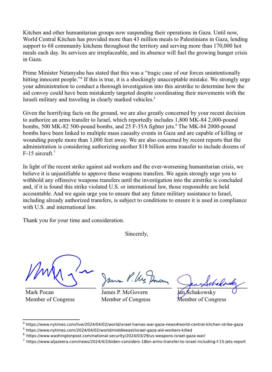 The Israeli airstrike that killed seven @WCKitchen aid workers, including an American citizen, was absolutely horrifying and unacceptable.  Today, I called on the Biden Admin to withhold offensive arms transfers to Israel with @RepMcGovern, @Janschakowsky and 37 other colleagues.