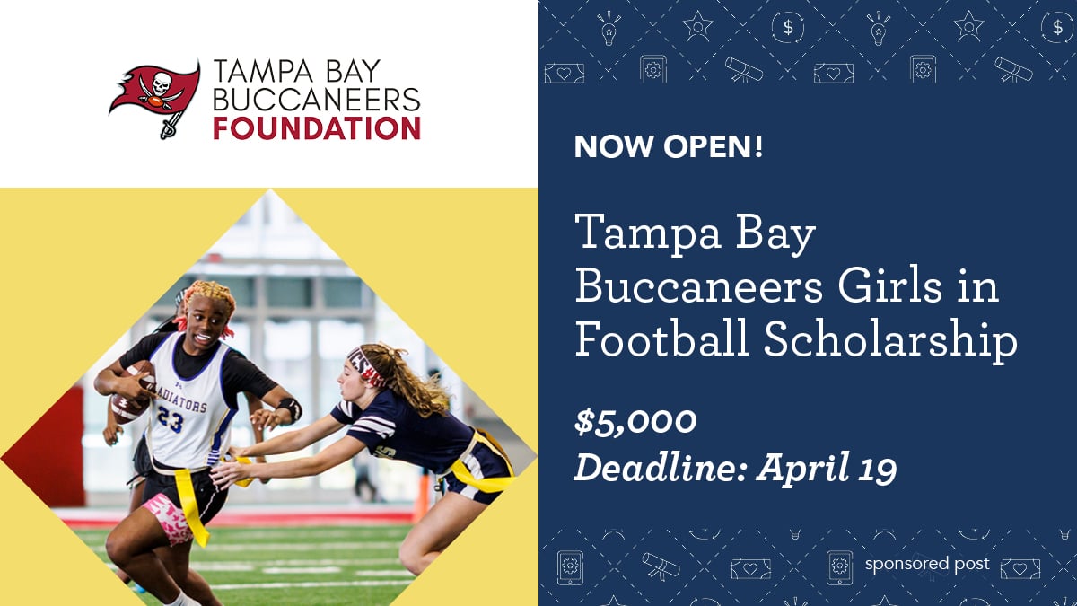 Female high school football players: 2 weeks left to apply for $5000 scholarships from the <a href="/BucsFoundation/">Tampa Bay Buccaneers Foundation</a>! If you’re planning on attending college next year and your goal is to make a difference in sports, don’t miss out – learn more and apply by 4/19 at hubs.ly/Q02rXTKP0!