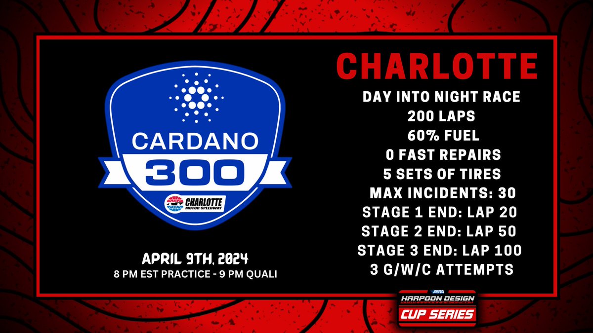 Race Details for the longest race of the season, Tuesday’s @ASRAiRacing Cup Series #Cardano 300 at Charlotte! 📺 💻📱 - #YouTube RaceDayLive (youtube.com/@RaceDayiRacing) ⏰ - 9PM EST #MeS | #CardanoCommunity | $ADA
