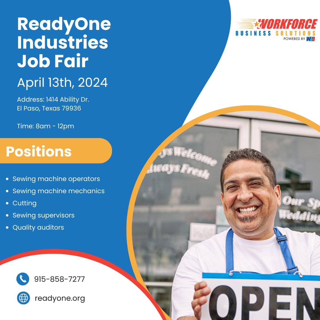 Join us at ReadyOne Industries' Job Fair on April 13th, and be a part of a team that values your skills and hard work! 🎉 They’re hiring for various positions from sewing machine operators to quality auditors. Bring your resume to 1414 Ability Dr., El Paso, from 8 AM - 12 PM.