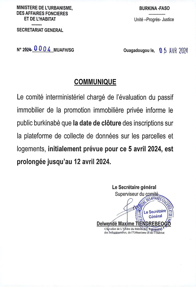 Prolongement des inscriptions sur le passif immobilier jusqu'à 12 avril 2024. Vous pouvez accéder à la plateforme en cliquant sur👉 passif-immobilier.bf #Com_Gouv_BF #SIGBurkina #BurkinaFaso