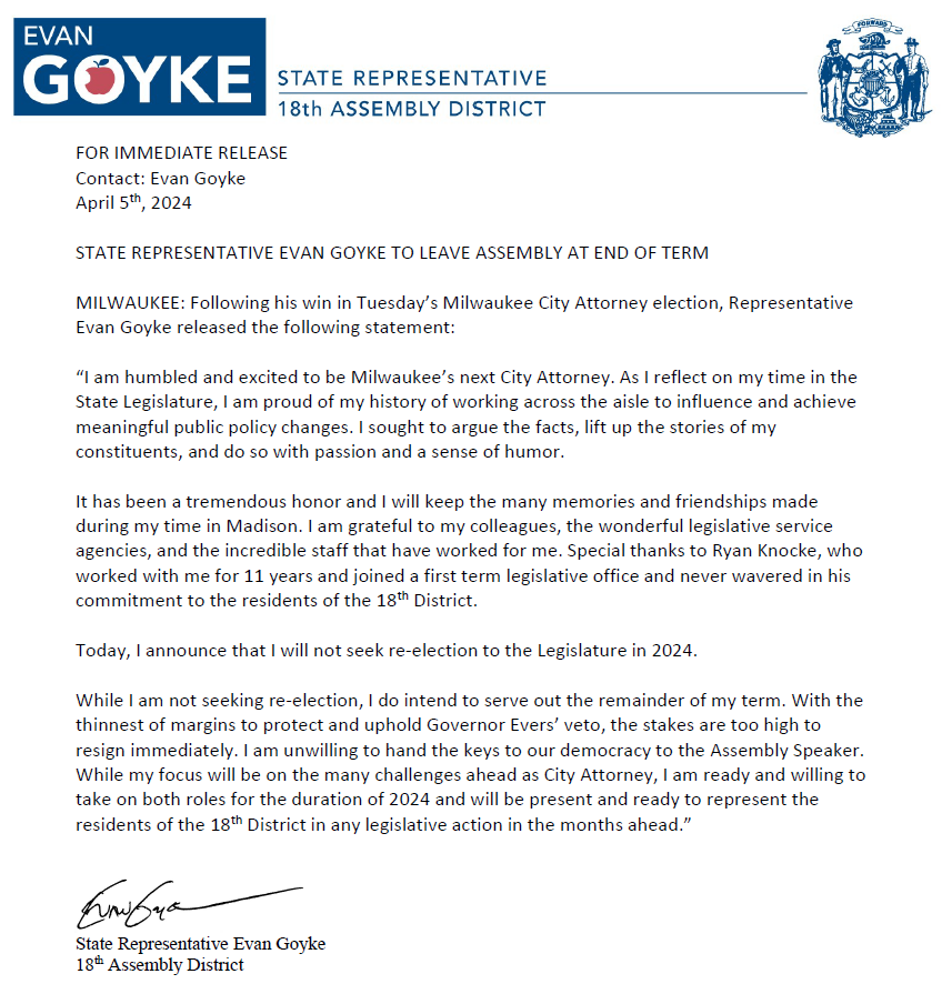 Today, I announce that I will not seek re-election to the Legislature in 2024