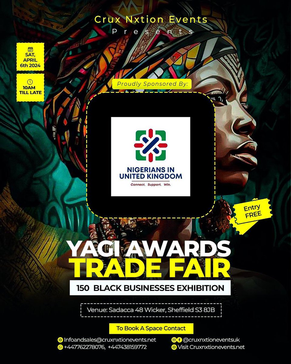 YAGI Awards Trade Fair is proudly sponsored by @NIUKCommunity

Explore amazing products, assist neighbourhood business owners, and honour the variety of Black-owned enterprises. 

Together, let's create a more promising future.