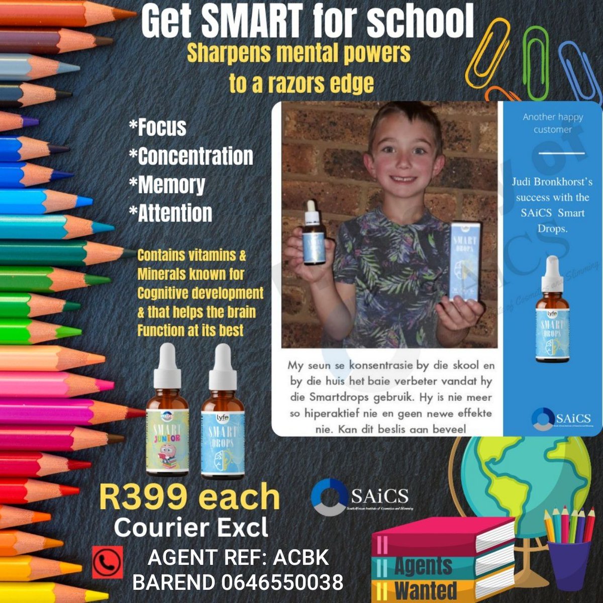 Smart Drops is the smart choice for your child’s back to school prep! This natural supplement helps your child focus, learn, and excel in school and beyond. Get it Today! 

Contact : Barend Kruger
Agent Code : ACBK
WhatsApp   : wa.me/message/DK67IZ…

#Saics #SaicsQE #Smartdrops
