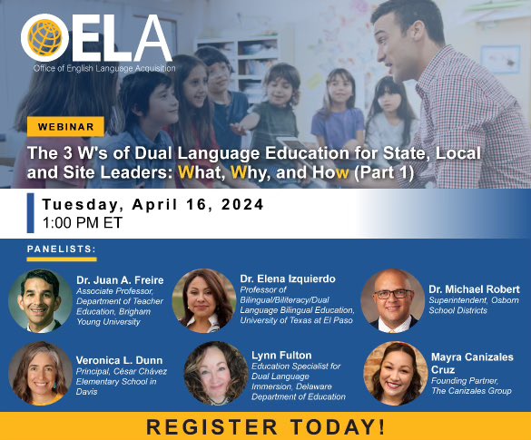 'The 3 W's of Dual Language Education for State, Local, and Site Leaders: What, Why, and How' April 16 at 1:00 pm ET to learn how to foster multilingualism and provide equitable access to quality instruction for ELs. ➡️ Register here: lnkd.in/envRVVph