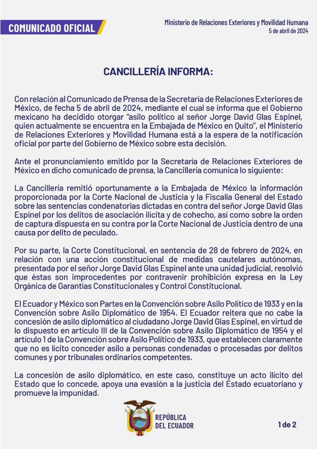 Lucia_Jaramillo's tweet photo. La @CancilleriaEc actúa en Derecho. La Convención de Asilo de Caracas de 1954, no admite esta figura para reos sentenciados como @JorgeGlas ‼️

La maniobra de México con las declaraciones de @lopezobrador_ tiene ahora bastante sentido, pero no les salió 

El Gobierno del Ecuador no hará efectivo el salvoconducto a un sentenciado por corrupción.

Que la VECINDAD DE CUATES siga en #México esperando a su CARNAL, lloren con abundante tequila y mariachi. Fracasaron! 

#NoALaImpunidad
#UnNuevoEcuador