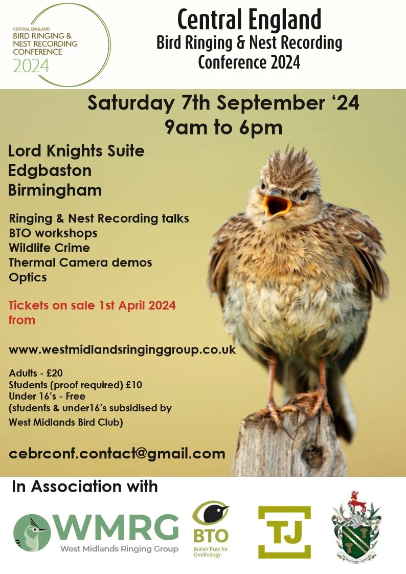 Tickets are now on sale for the Central England Bird Ringing and Nest Recording Conference. Great speakers, workshops, networking. And pizza! The conference is organised by @RingersWm in partnership with @_BTO To book your place go to westmidlandsringinggroup.co.uk/ringing-confer… #CEBRConf