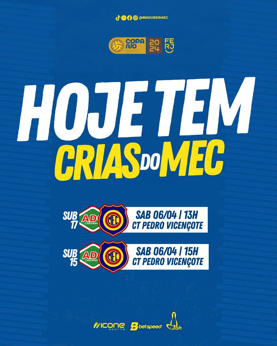 É DIA DE CRIAS DO MEC EM CAMPO! 🇷🇴🔥 O Tricolor Suburbano enfrenta a Cabofriense pela quarta rodada da Copa Rio sub-15 e sub-17. #Madureira #TricolorSuburbano #CriasDoMEC #CopaRio