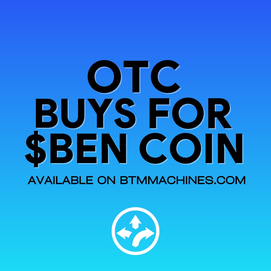 Exciting update! Now offering $ETH, $BTC, and $BEN OTC cash purchases over $10,000 with our partners at BTM Machines. Find your local BTM Machine Use code BEN10 at your local BTM Machine. BTMmachines.com. Cash is still king for many Americans without bank accounts.