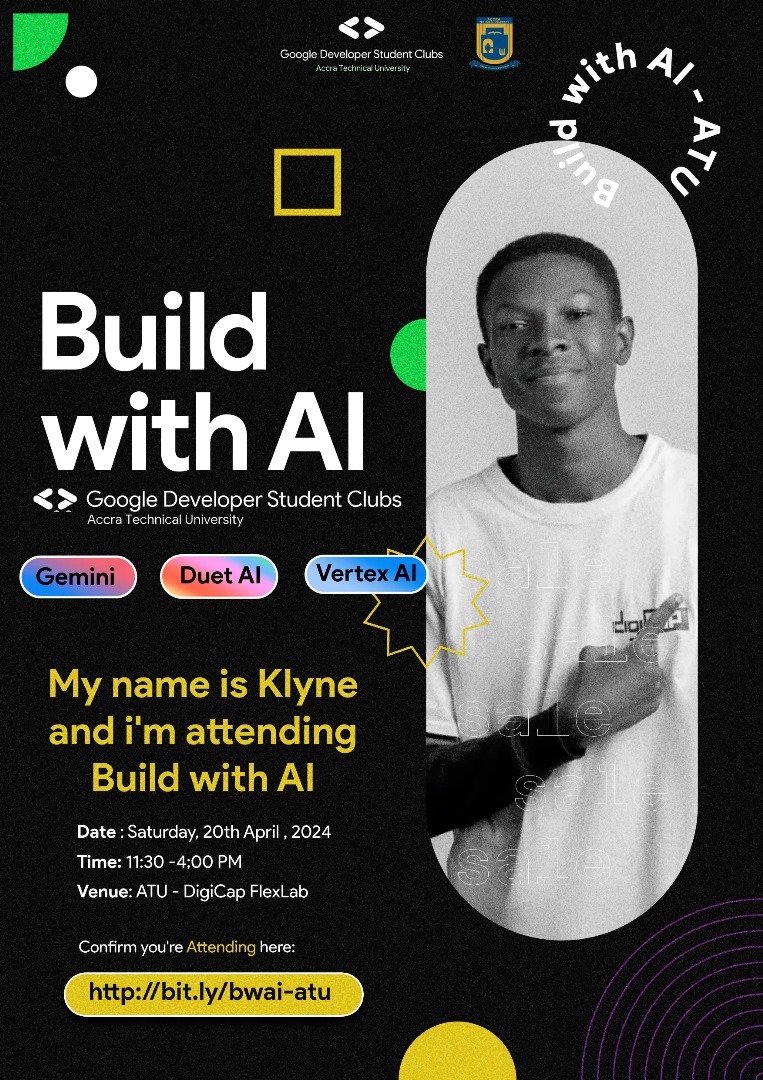 GdscAtu's tweet photo. Klyne is attending Build with AI at ATU, what about you? Let's dive into AI together and unleash our potential! #BuildWithAI #GDSCATU #AI #ATU #Digicap #DeveloperStudentClubs @googledevs @googlestudents https://t.co/a0tGHmBuPj
