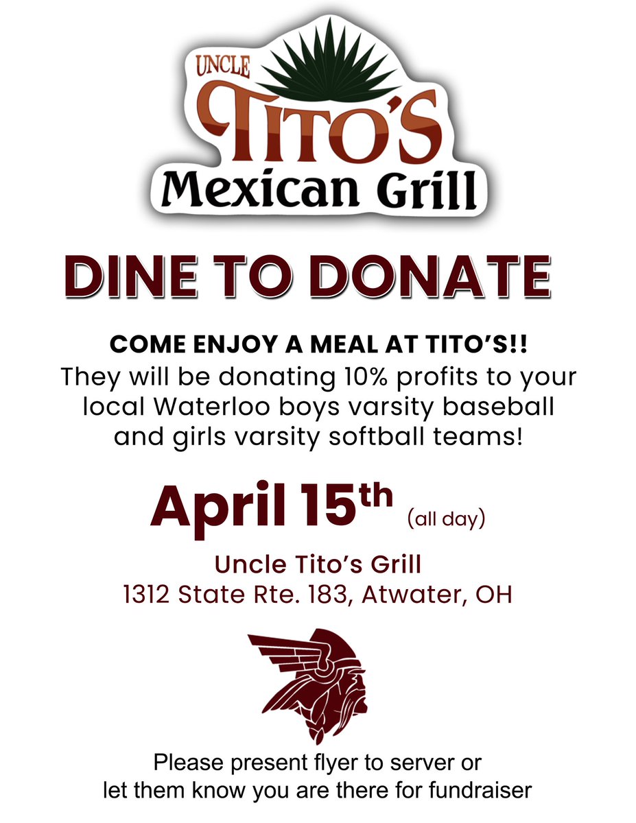 Softball Fundraiser Alert!
Mark your calendar for April 15, dinner at Uncle Tito’s!