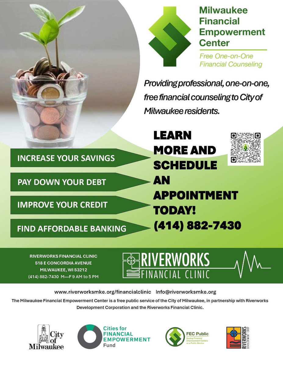 Check out the @cityofmilwaukee Financial Empowerment Center (FEC), offering professional, one-on-one financial counseling and coaching as a free public service to local residents. ➡️ Learn more and schedule an appointment at riverworksmke.org/financialclinic.