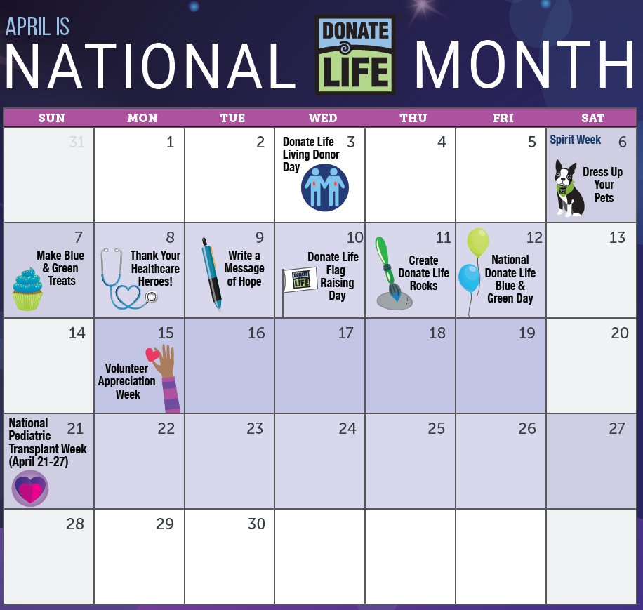 This year, National #DonateLifeMonth Blue & Green Spirit Week runs from April 6 through Blue & Green Day on April 12! Join us for activities celebrating the #DonateLife message, honoring donors, and giving hope to those waiting for a second chance at life.