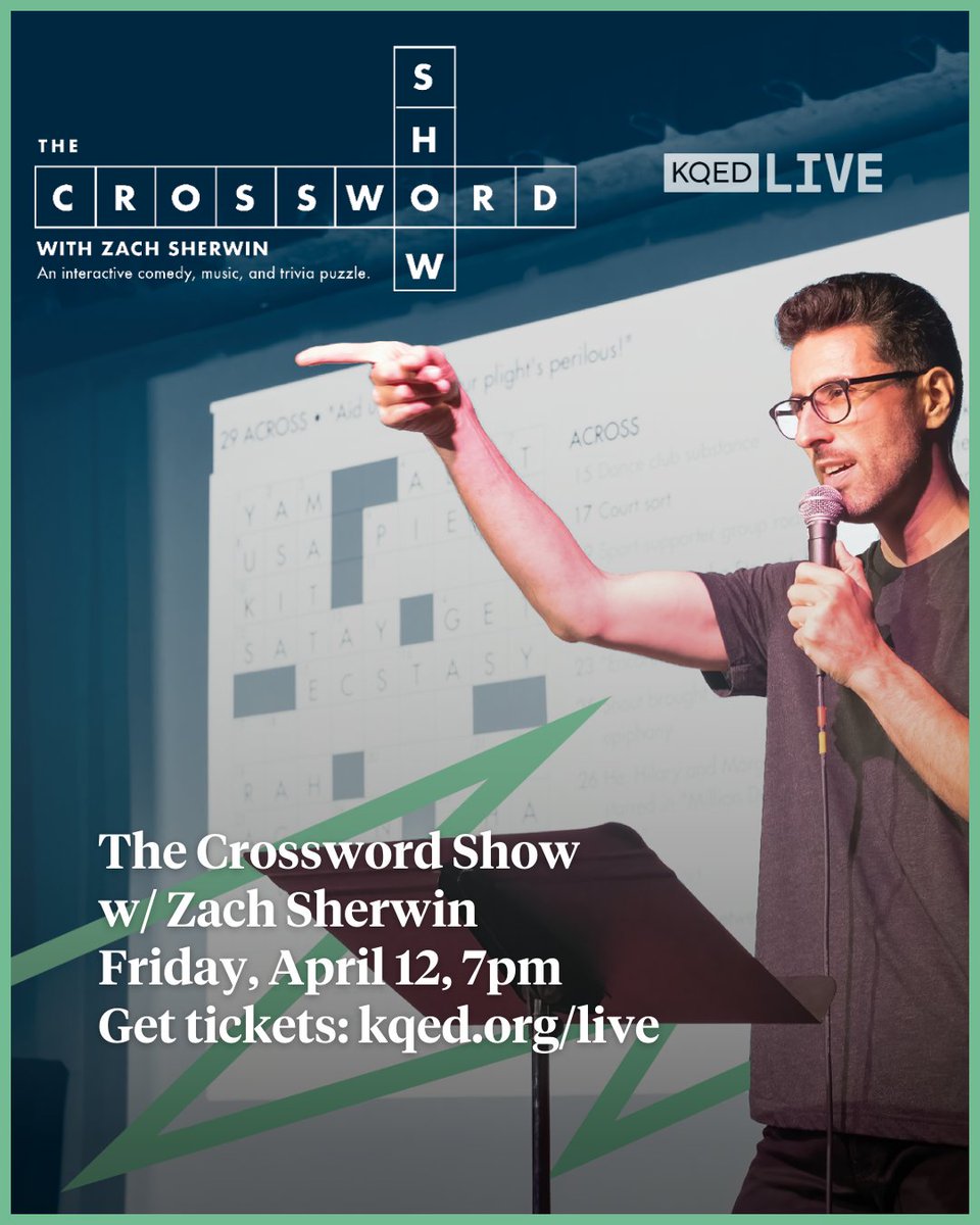 KQED (@kqed) on Twitter photo In this edition of The Crossword Show, guest panelists @dhayalive and <a href="/PeachesChrist/">Peaches Christ</a> solve a crossword puzzle LIVE on stage! As they decipher the clues, host <a href="/zachsherwin/">Zach Sherwin</a> takes the show down rabbit holes of comedy, music, trivia and more!
Grab your tix: kqed.org/event/4131 In this edition of The Crossword Show, guest panelists @dhayalive and <a href="/PeachesChrist/">Peaches Christ</a> solve a crossword puzzle LIVE on stage! As they decipher the clues, host <a href="/zachsherwin/">Zach Sherwin</a> takes the show down rabbit holes of comedy, music, trivia and more!
Grab your tix: kqed.org/event/4131