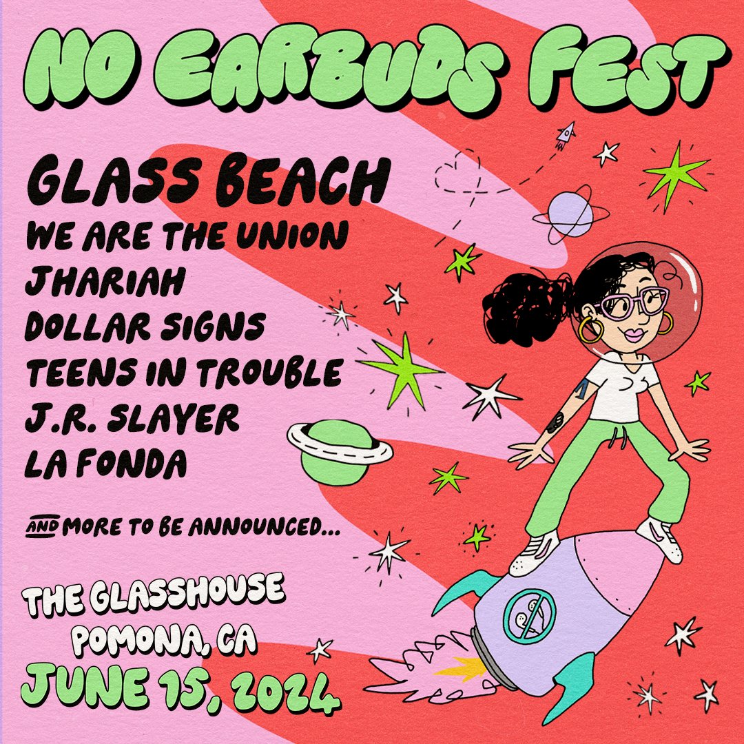 hi we booked a fest with @glassbeachband @wearetheunion @JhariahClare @DollarSignsBand @teensintrouble @JRSlayerjams @LaFondaMusic more TBA 😎 an all day hang on two stages. we really did the damn thing! cannot wait to hang ☀️🌴🚀✨ tickets: noearbuds.com/fest