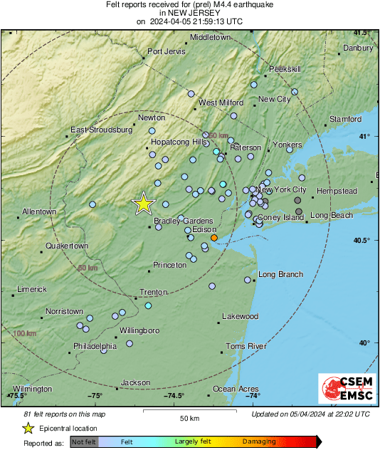 #Earthquake 18 mi NW of #Edison (New Jersey) 4 min ago (local time 17:59:13). Colored dots represent local shaking & damage level reported by eyeswitnesses. Share your experience via: 📱emsc-csem.org/lastquake/how_… 🌐m.emsc.eu/?id=1643007
