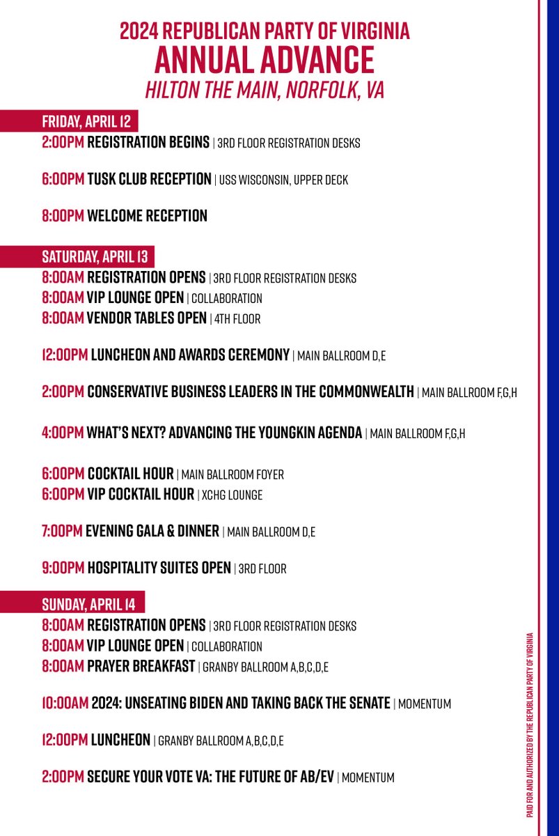 40th RPV Advance speakers, Norfolk, Apr 12-14: - Apr 12 Lunch: @GlennYoungkin, @ryanmcdougle - Apr 12 Social: @JasonMiyaresVA, @deltoddgilbert - Apr 12 Dinner: @DougBurgumUSA, @JenKiggans - Apr 13 Prayer Breakfast: @winwithwinsome
