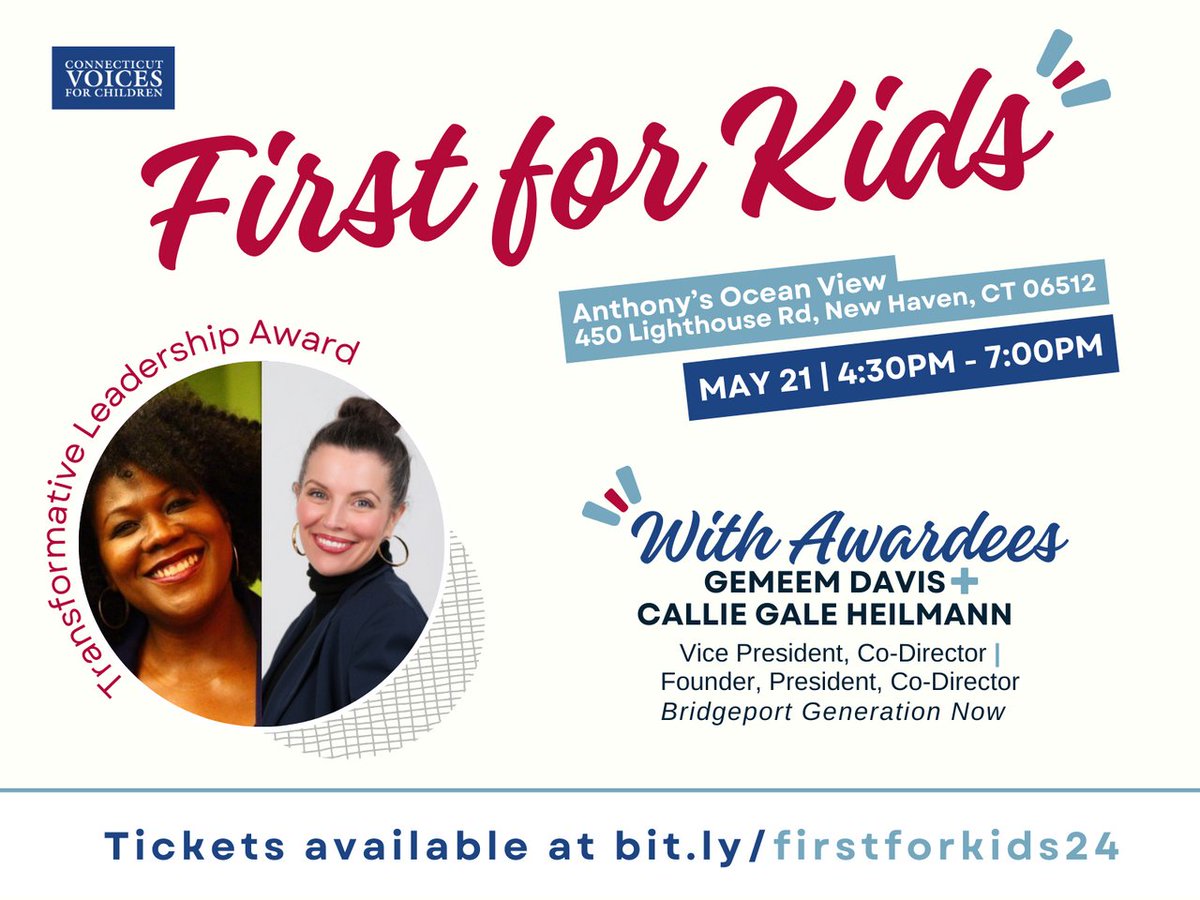 Less than two months until #FirstForKids!

And we can't want to celebrate our Transformative Leadership Awardees Gemeem Davis and Callie Gale Heilmann, Co-Directors of @BptGenNowVotes, for their work to advance #EarlyVoting in CT. 

Secure your tickets at bit.ly/4cB5St7
