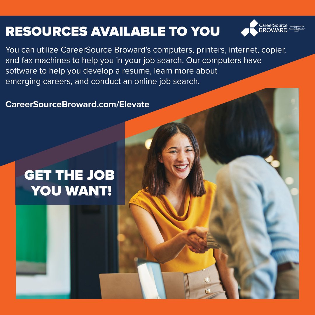 𝗥𝗲𝘀𝗼𝘂𝗿𝗰𝗲𝘀 𝗮𝘃𝗮𝗶𝗹𝗮𝗯𝗹𝗲 𝘁𝗼 𝘆𝗼𝘂 You can utilize CareerSource Broward's computers, printers, internet, copier, and fax machines to help you in your job search. Get the Job You Want! More information at CareerSourceBroward.com/Elevate #JobSeekers #JobSearch #Broward
