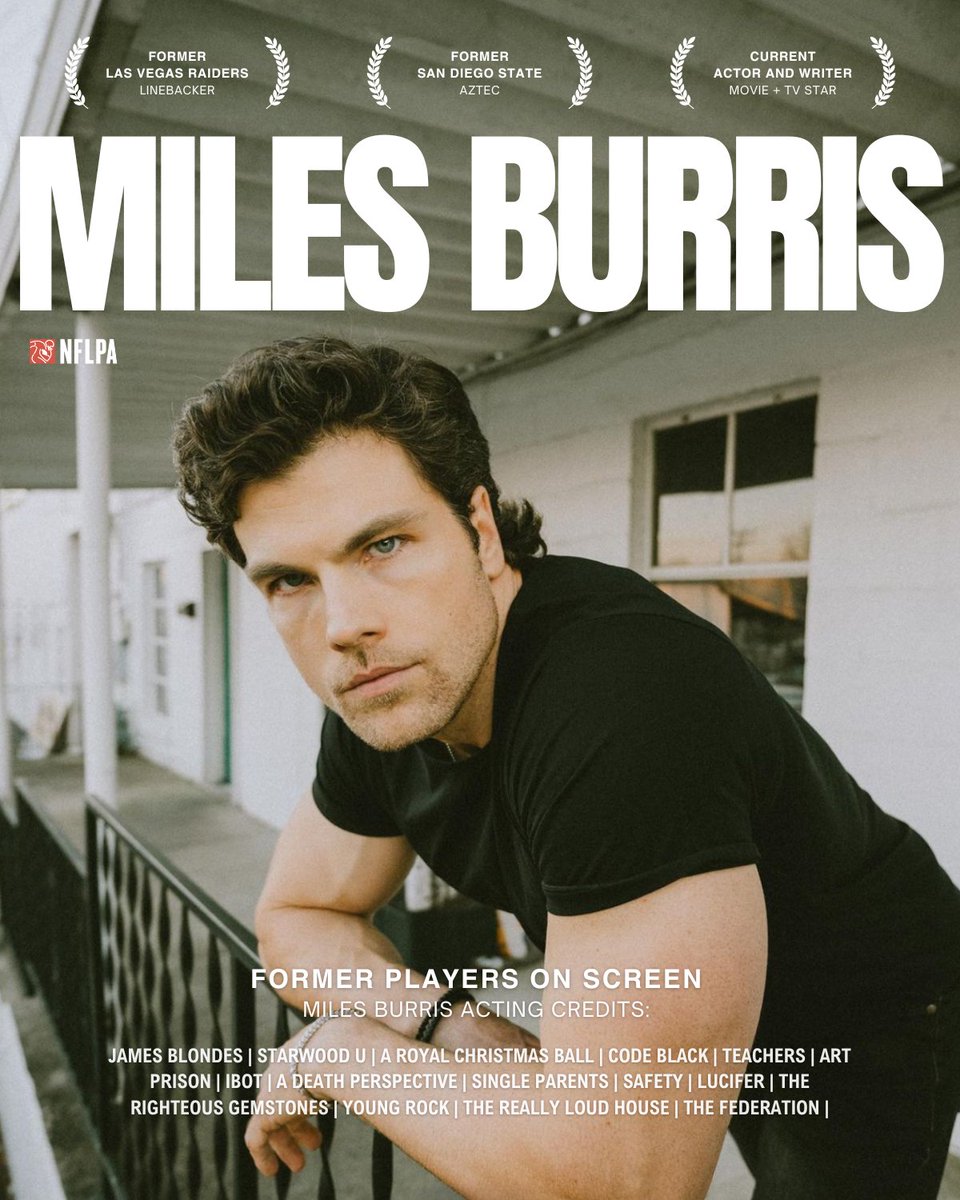 .@MilesBurris is a former NFL LB and current actor, writer, and movie + TV star. He was drafted by the Raiders in the 4th round of the 2012 draft. After football, he then pursued an acting + writing career and can be seen in: The Righteous Gemstones, Lucifer, Young Rock and more.