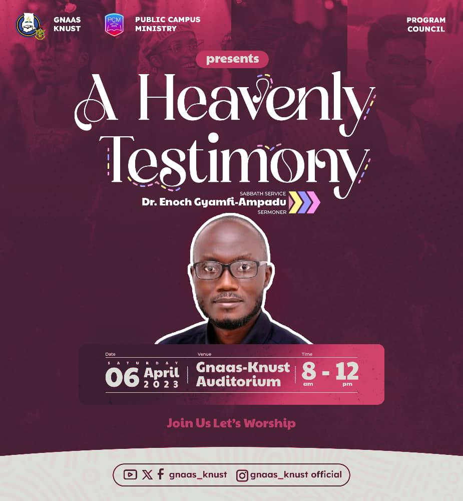 GNAAS_KNUST's tweet photo. 📍🛐SABBATH SERVICE🛐📍
Join us tomorrow God willing for a special service. A heavenly testimony by Dr Enoch Gyamfi-Ampadu: come and be blessed.Happy Sabbath🌹
#PCM
#PROGRAMCOUNCIL
#GNAAS_KNUST55 https://t.co/K9qlgLrs0R