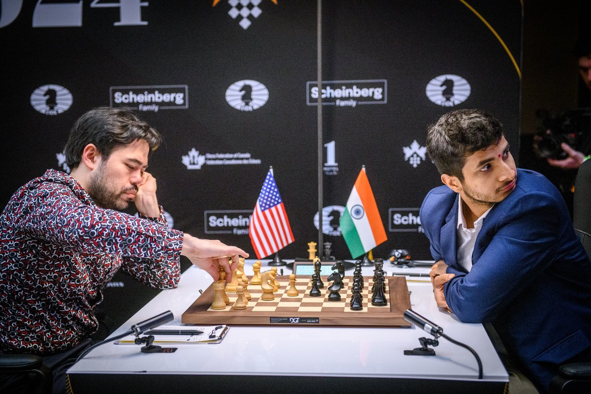 🇮🇳Vidit Santosh Gujrathi (2727) clinches victory against 🇺🇸Hikaru Nakamura (2789) in an electrifying showdown, unleashing a novelty with 8...c6 followed by a bishop sacrifice later in the game, culminating in a stylish finish. #FIDECandidates 📷 Michal Walusza